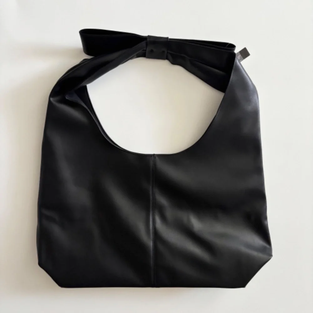 Victoria's Secret Black Bow Tote Bag Purse Faux Leather Nwt
